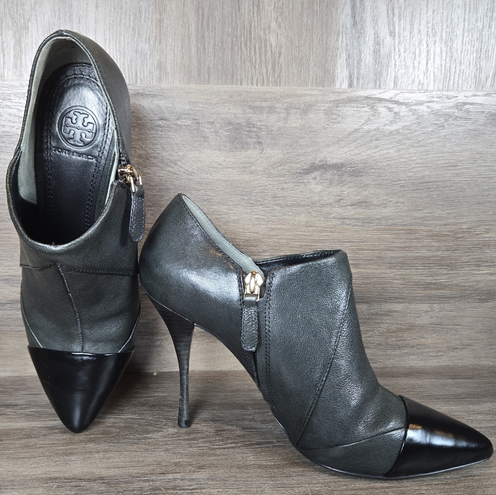 Tory Burch Lorelei Charcoal Gray Black Leather Point Toe Ankle Boot Bootie Sz 7M - Picture 14 of 16